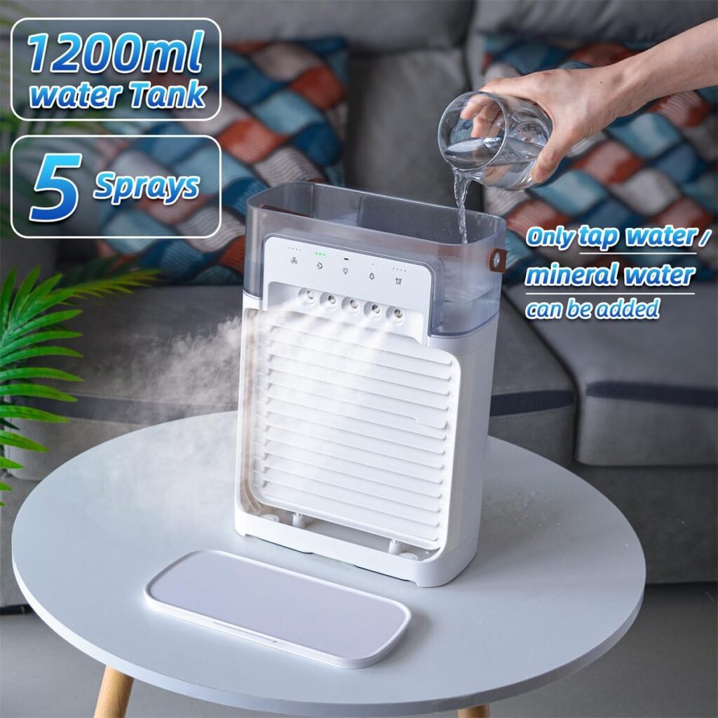 Portable Desktop Air Conditioners, NTMY Personal Evaporative Air Cooler, Ultra-Quiet Mini Air Cooling Fan with Natural Wind Function, 5 Cool Mist  4 Speeds  Timer, Remote Control