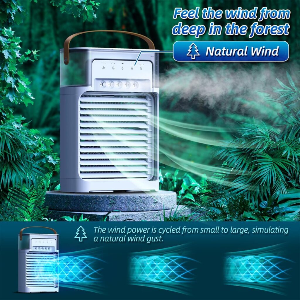 Portable Desktop Air Conditioners, NTMY Personal Evaporative Air Cooler, Ultra-Quiet Mini Air Cooling Fan with Natural Wind Function, 5 Cool Mist  4 Speeds  Timer, Remote Control