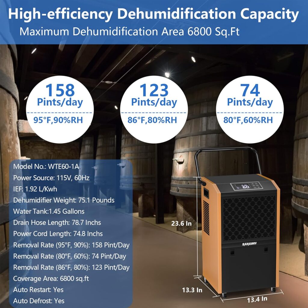 SAHAUHY 158 Pints Commercial Dehumidifier for Basement,Warehouses,Large Room with Drain Hose and Water Tank Spaces up to 6,800 Sq Ft (Yellow)