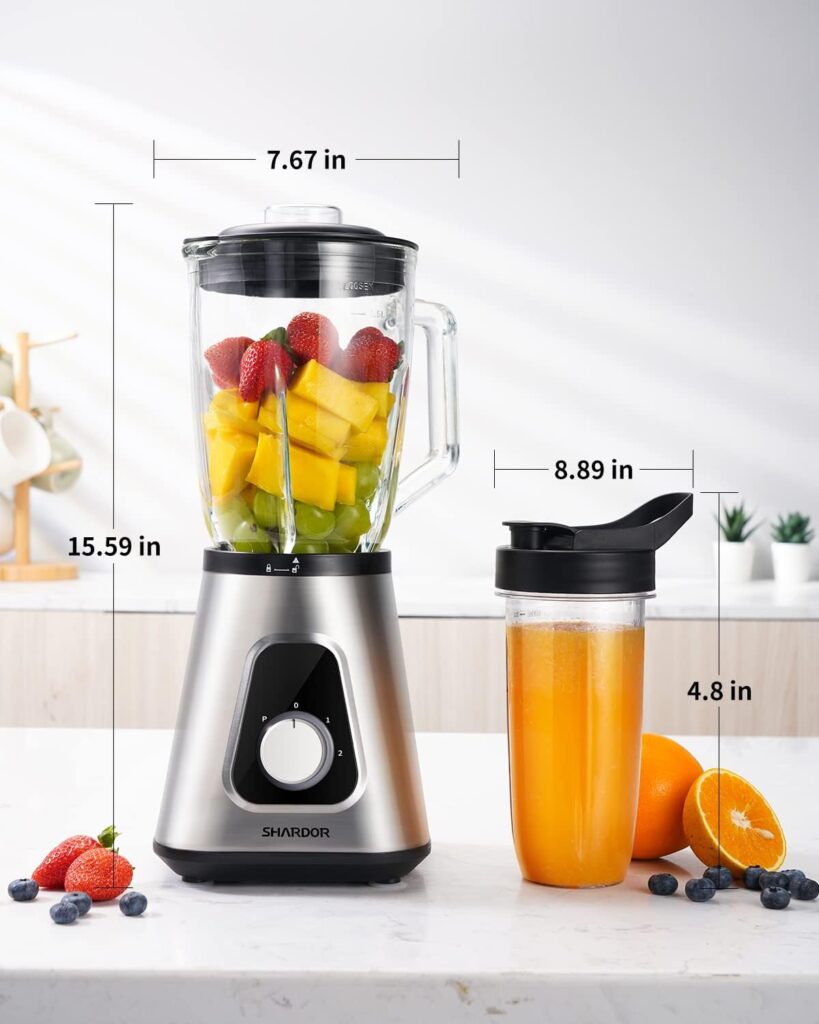 SHARDOR 1200W Blender for Shake and Smoothies, Countertop Blender and Personal Blender Combo, 52oz Glass Jar, 22oz Travel Cup + 3 Adjustable Speed Control for Frozen Fruit Drinks, Smoothies, Sauces, Sliver