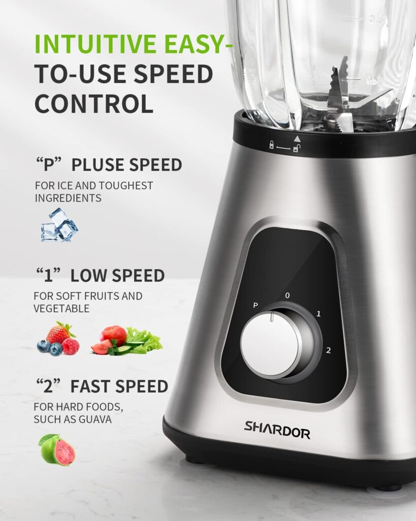 SHARDOR 1200W Blender for Shake and Smoothies, Countertop Blender and Personal Blender Combo, 52oz Glass Jar, 22oz Travel Cup + 3 Adjustable Speed Control for Frozen Fruit Drinks, Smoothies, Sauces, Sliver