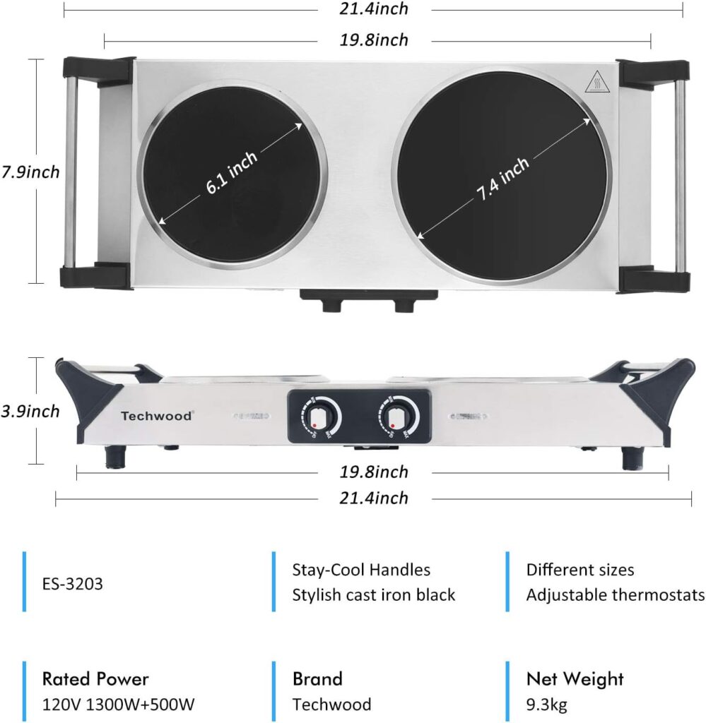 Techwood Electric Stove, Double Infrared Ceramic Hot Plate for Cooking, Two Control Cooktop Burner, Portable Anti-scald handles Suitable for Office/Home/Camp Use, 1800W Compatible for All Cookwares