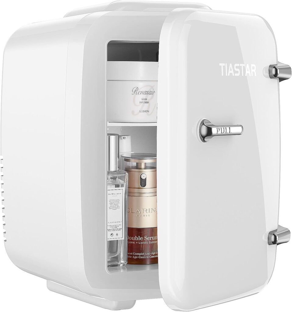 Tiastar Mini Portable Fridge, 4 Liter /6 Cans Skincare Fridge, 110V AC/ 12V DC Small Fridge for Bedroom Office Dorm, Thermoelectric Cooler and Warmer, White