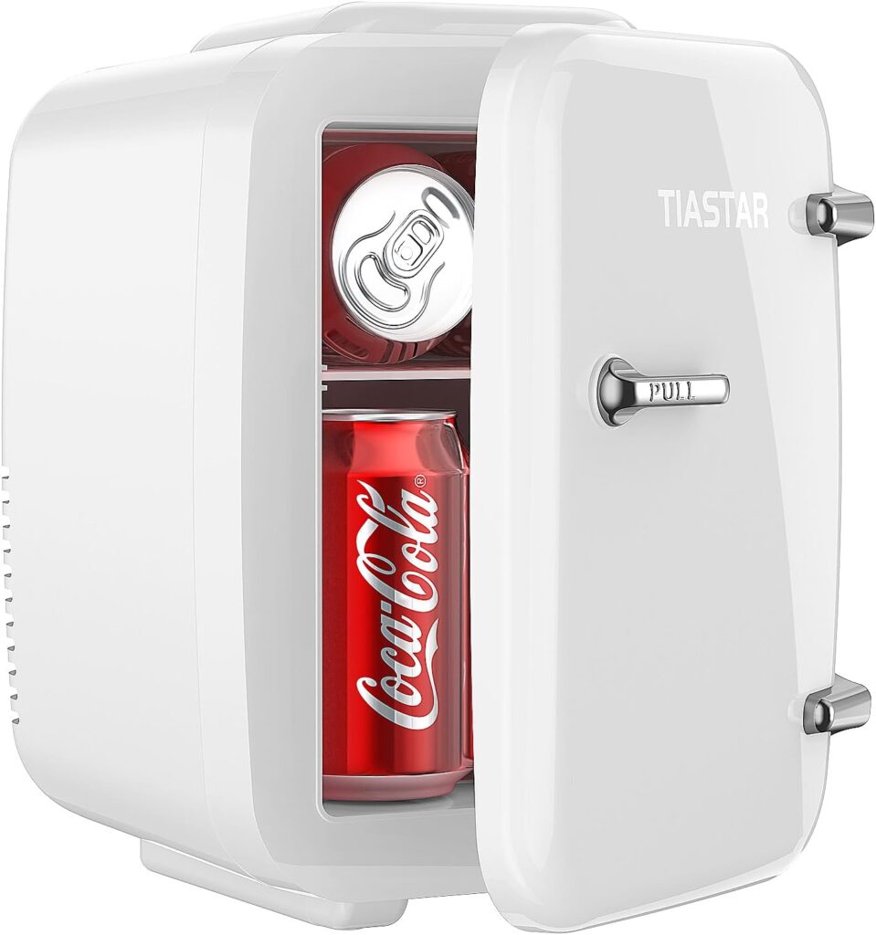 Tiastar Mini Portable Fridge, 4 Liter /6 Cans Skincare Fridge, 110V AC/ 12V DC Small Fridge for Bedroom Office Dorm, Thermoelectric Cooler and Warmer, White