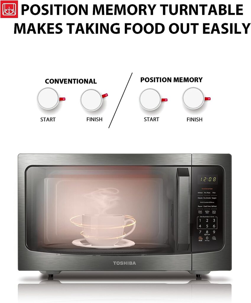 TOSHIBA ML-EM45P(BS) Countertop Microwave Oven with Smart Sensor and Position Memory Turntable, Memory Function, 1.6 Cu.ft with 13.6 Removable Turntable, Black Stainless Steel, 1200W