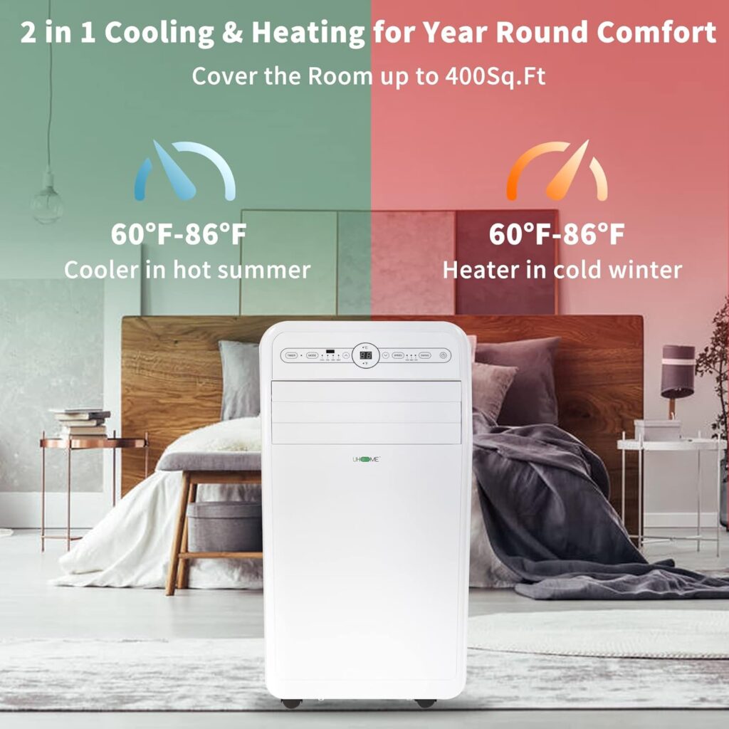 Uhome Portable Air Conditioner with Heat 12,000 BTU, Compact Portable AC Unit with Dehumidifier  Fan, Cools  Heats up to 400 Sq.ft, Remote Control and Window Kit Included, White