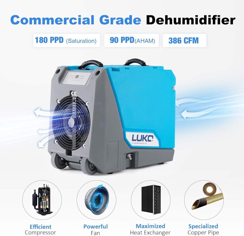 180 Pints Commercial Dehumidifiers for Basement, with Pump Drain Hose for Warehouse  Job Sites, Large Capacity Rotational Molded Portable Crawl Space Dehumidifier for Efficient Water Damage Restoration