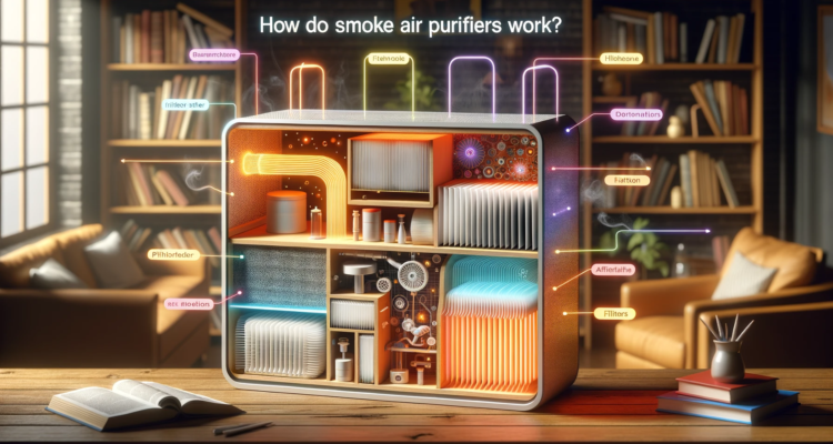 Illustration of a smoke air purifier in action, removing pollutants from the air.