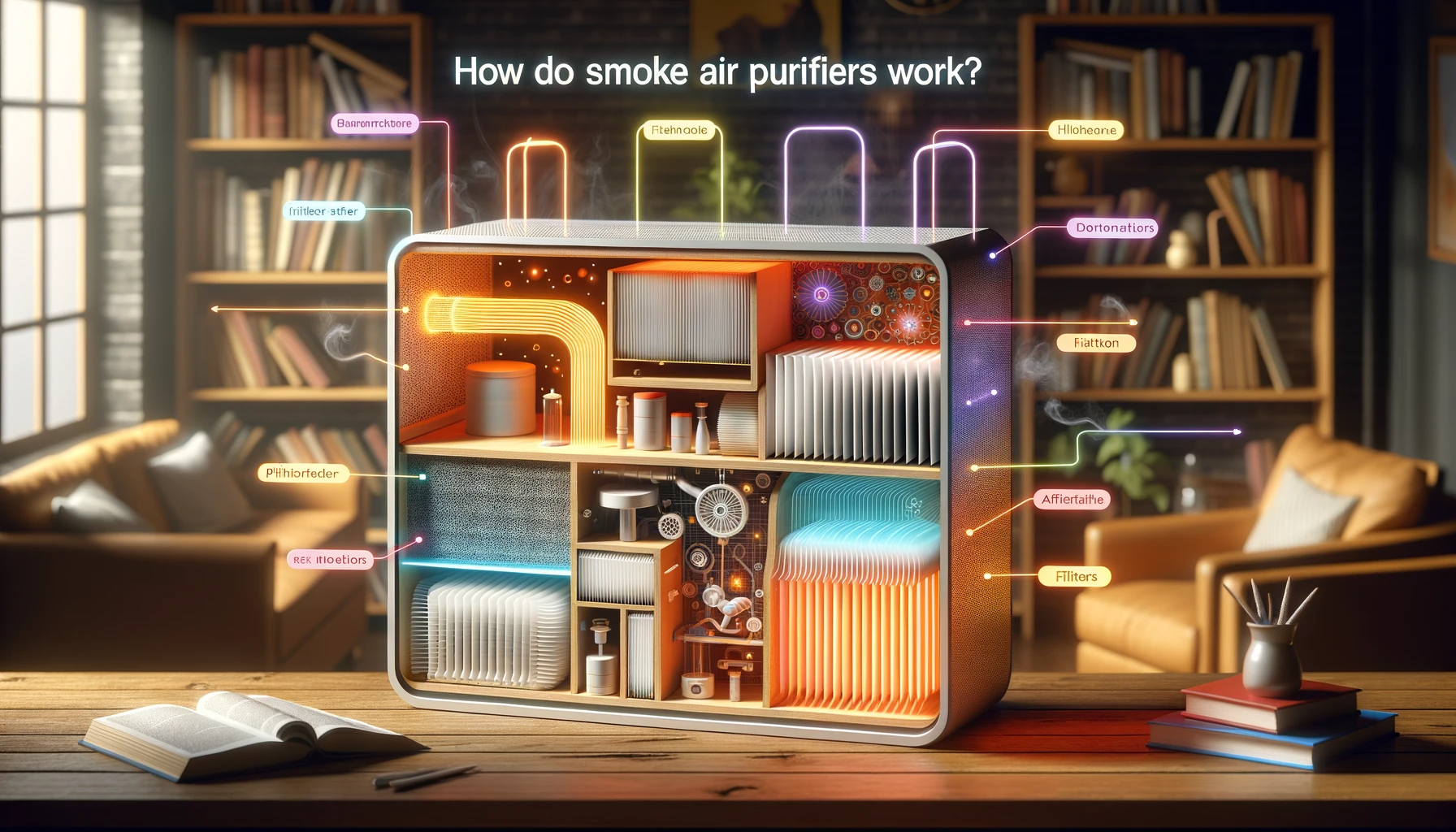 Illustration of a smoke air purifier in action, removing pollutants from the air.