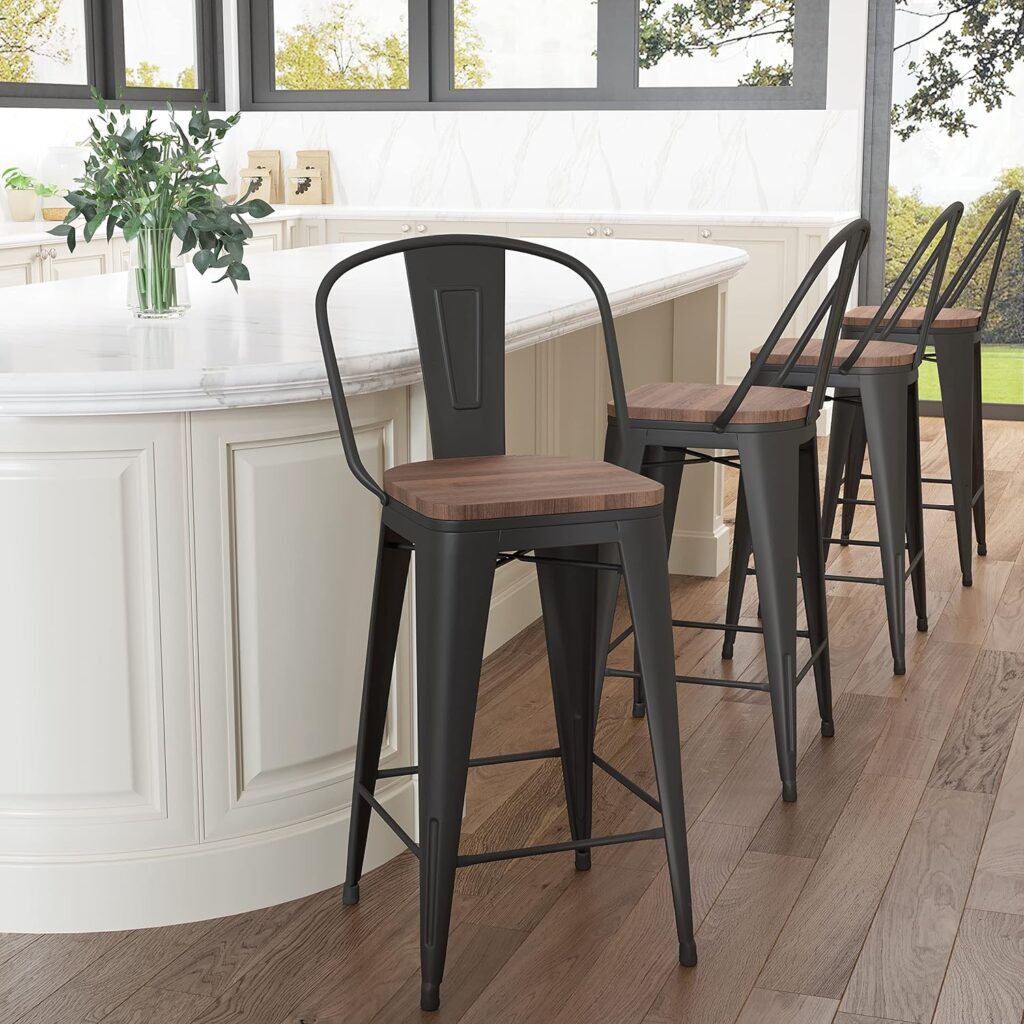 Aklaus Metal Bar Stools Set of 4,24 inch Barstools Counter Height Bar Stools with Backs Farmhouse Bar Stools with Larger seat High Back Kitchen Dining Chairs Modern Bar Chairs Matte Black Stool