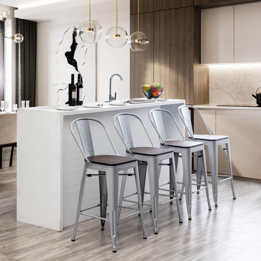 Aklaus Metal Bar Stools Set of 4,24 inch Barstools Counter Height Bar Stools with Backs Farmhouse Bar Stools with Larger seat High Back Kitchen Dining Chairs Modern Bar Chairs Matte Black Stool