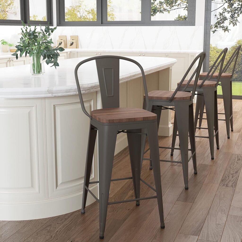 Aklaus Metal Bar Stools Set of 4,24 inch Barstools Counter Height Bar Stools with Backs Farmhouse Bar Stools with Larger seat High Back Kitchen Dining Chairs Modern Bar Chairs Matte Black Stool