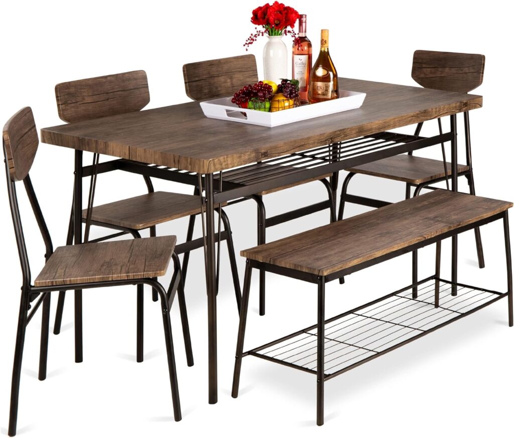 Best Choice Products 6-Piece 55in Modern Dining Set for Home, Kitchen, Dining Room w/Storage Racks, Rectangular Table, Bench, 4 Chairs, Steel Frame - Brown