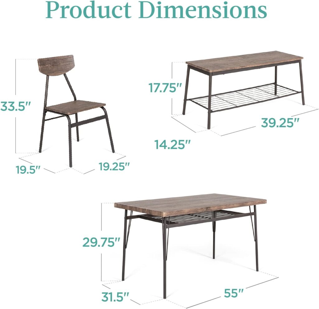 Best Choice Products 6-Piece 55in Modern Dining Set for Home, Kitchen, Dining Room w/Storage Racks, Rectangular Table, Bench, 4 Chairs, Steel Frame - Brown