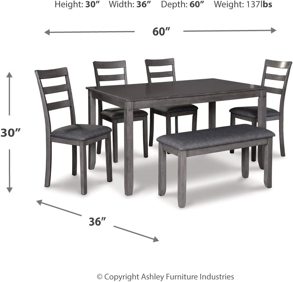 Signature Design by Ashley Bridson Modern 6 Piece Dining Set, Includes Dining Table, 4 Chairs  Bench, Gray