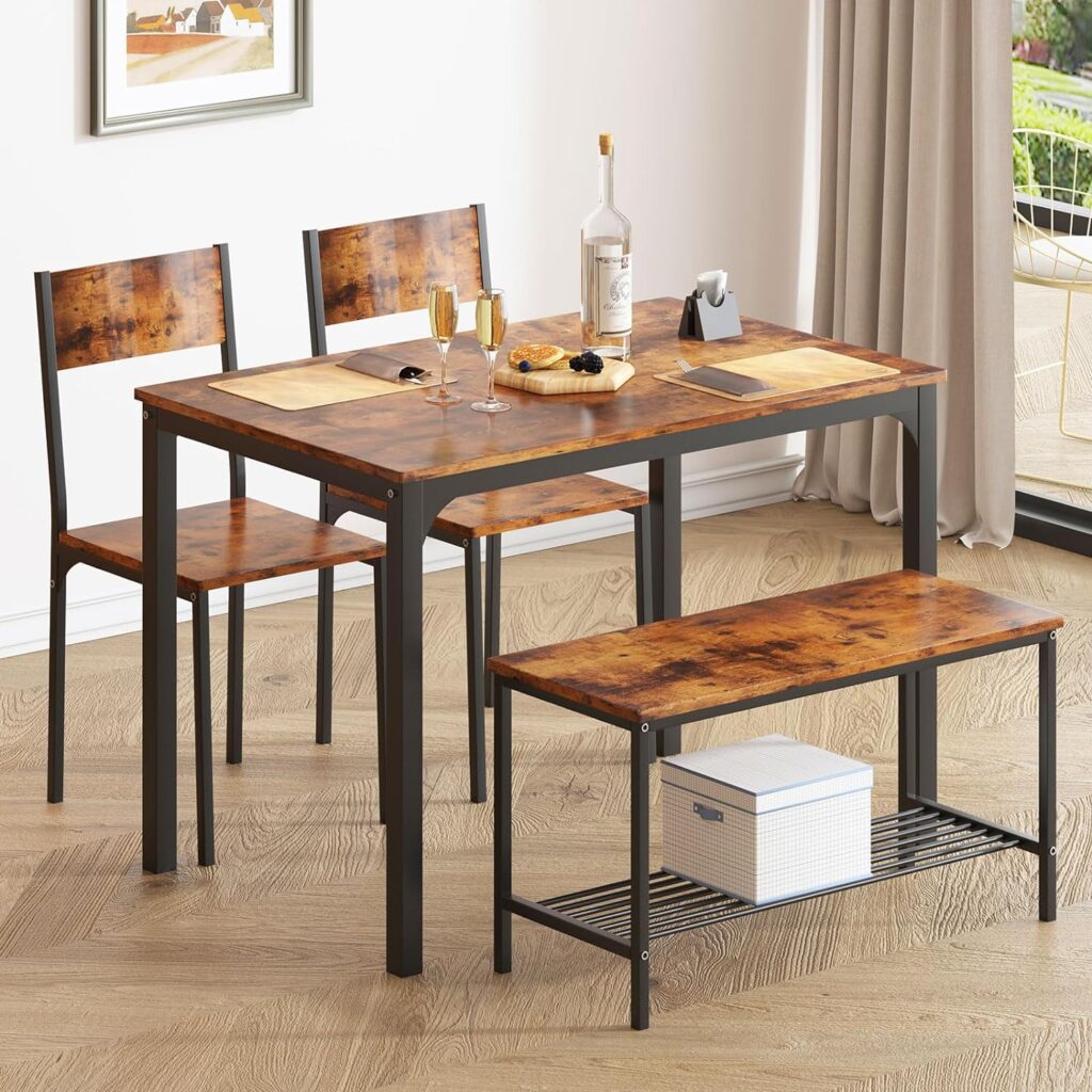 soges 4 Person Dining Table Set,43.3 inch Kitchen Table Set for 4,2 Chairs with Backrest,2-Person Bench with Storage Rack,Nesting Furniture Set for Dining Room and Restaurant, Rustic Oak