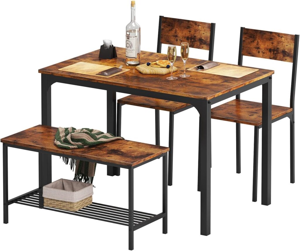 soges 4 Person Dining Table Set,43.3 inch Kitchen Table Set for 4,2 Chairs with Backrest,2-Person Bench with Storage Rack,Nesting Furniture Set for Dining Room and Restaurant, Rustic Oak