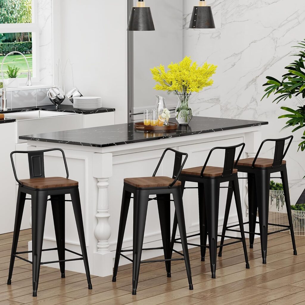 Yongchuang 24 Metal Barstools Set of 4 Counter Bar Stools with Wood Top Low Back Matte Black