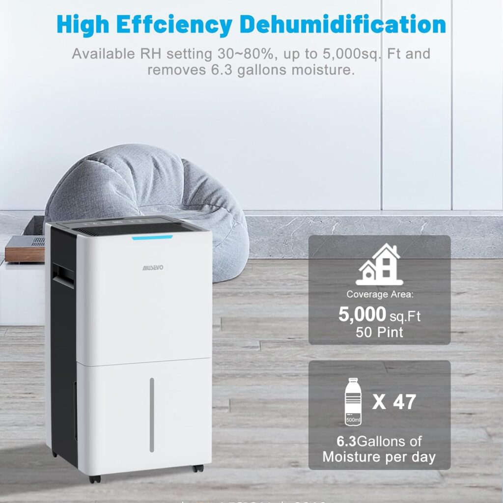 5,000 Sq. Ft Dehumidifier for Basements and Home, Aiusevo 50 Pint Dehumidifiers with Drain Hose Ideal for Large Room, Bedroom, Quietly Removes Moisture, 3 Modes Deshumidificador, Child Lock, 24H Timer