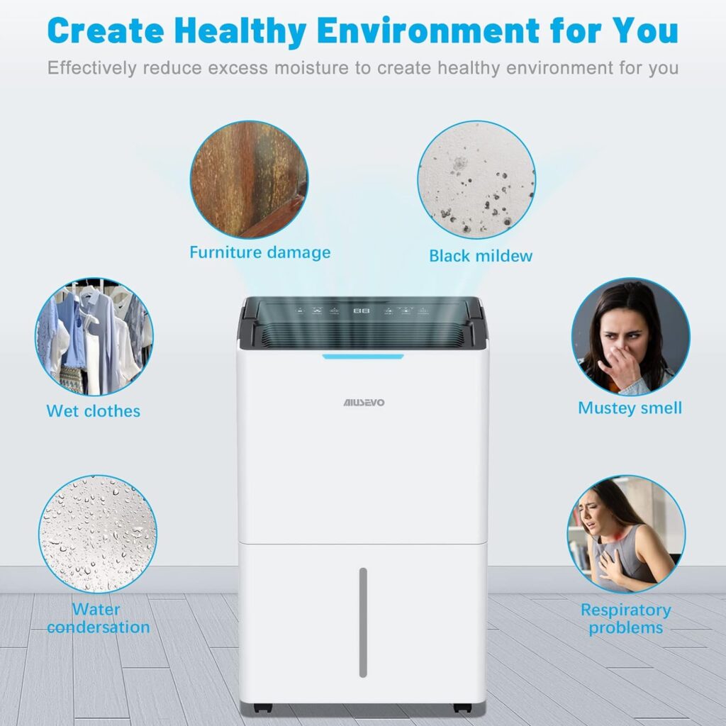 5,000 Sq. Ft Dehumidifier for Basements and Home, Aiusevo 50 Pint Dehumidifiers with Drain Hose Ideal for Large Room, Bedroom, Quietly Removes Moisture, 3 Modes Deshumidificador, Child Lock, 24H Timer