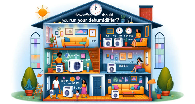 Illustration-of-a-cutaway-view-of-a-house-showing-different-rooms-with-dehumidifiers-in-them.-Each-room-has-a-clock-above-it-with-different-times