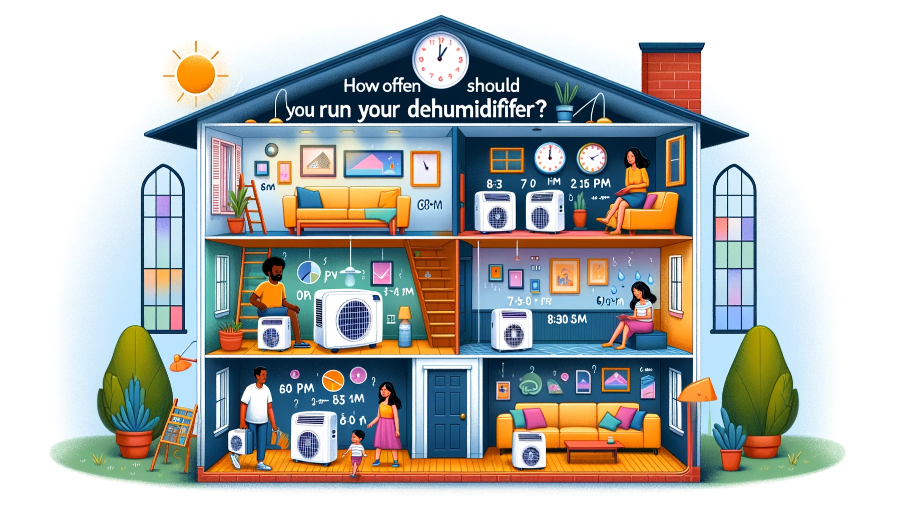 Illustration-of-a-cutaway-view-of-a-house-showing-different-rooms-with-dehumidifiers-in-them.-Each-room-has-a-clock-above-it-with-different-times