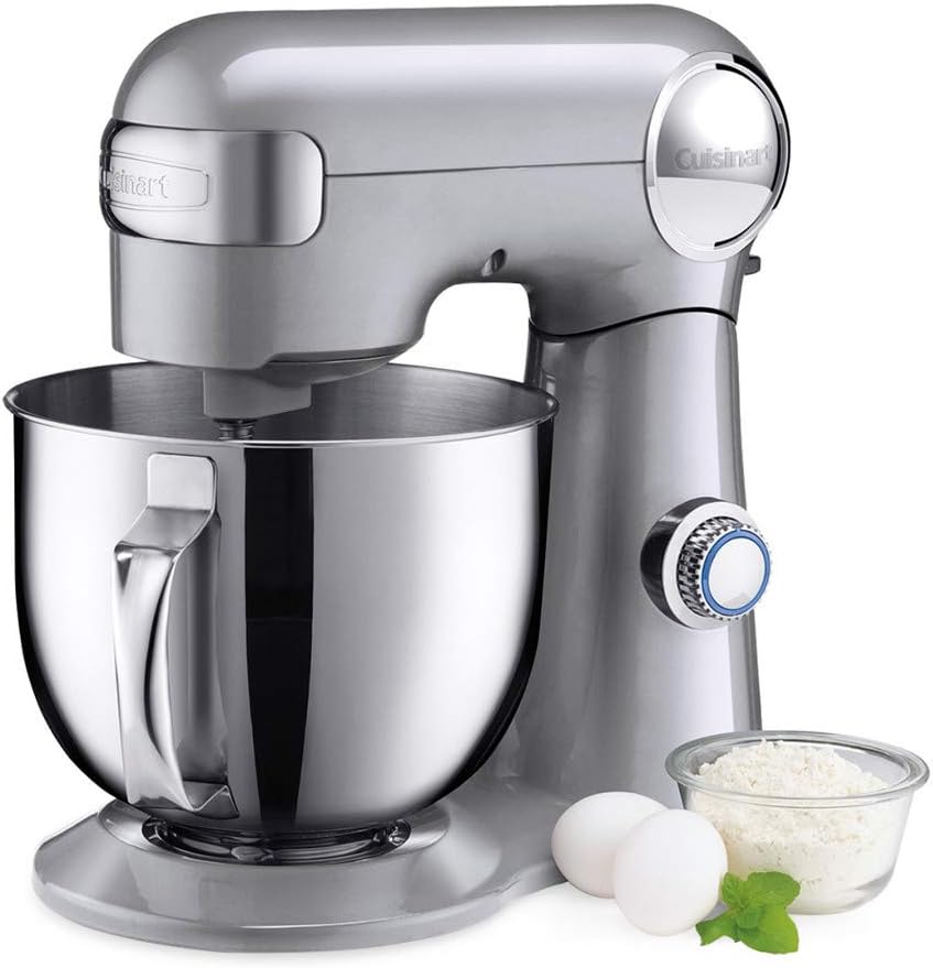 Cuisinart Stand Mixer, 12 Speeds, 5.5-Quart Mixing Bowl, Chefs Whisk, Flat Mixing Paddle, Dough Hook, and Splash Guard with Pour Spout, Silver Lining, SM-50BC, Silver Lining