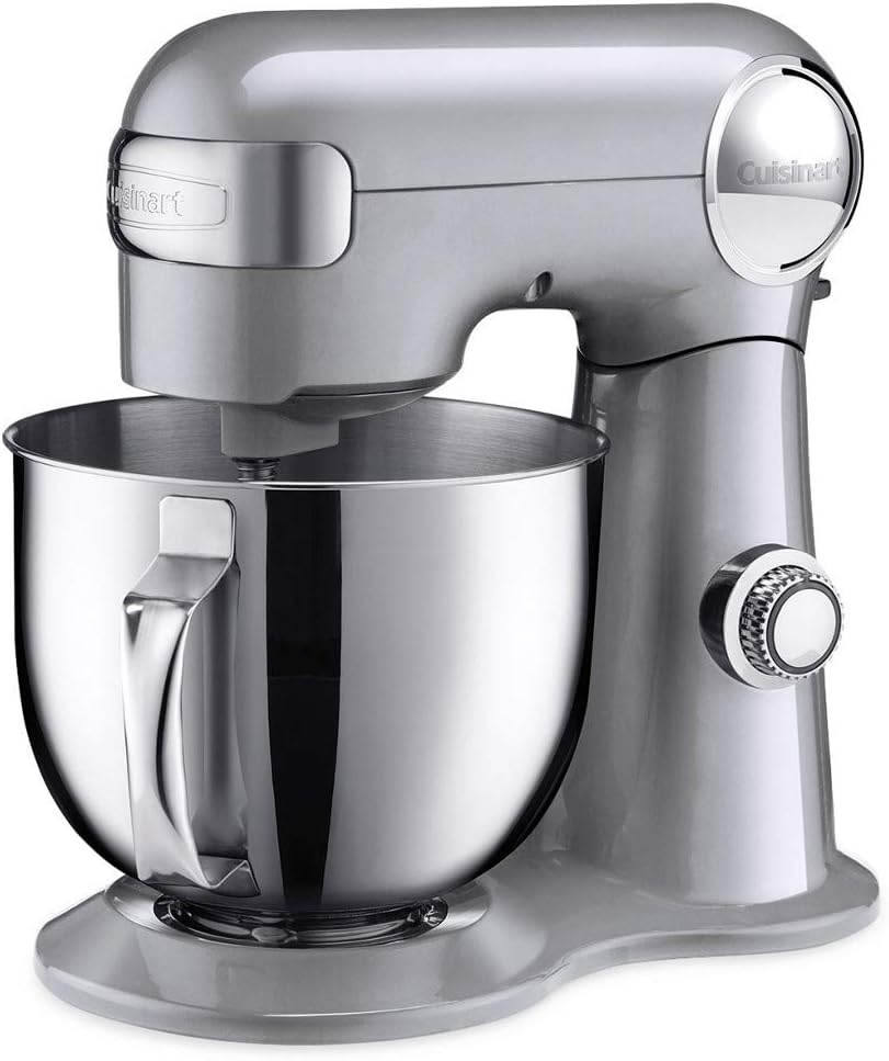 Cuisinart Stand Mixer, 12 Speeds, 5.5-Quart Mixing Bowl, Chefs Whisk, Flat Mixing Paddle, Dough Hook, and Splash Guard with Pour Spout, Silver Lining, SM-50BC, Silver Lining