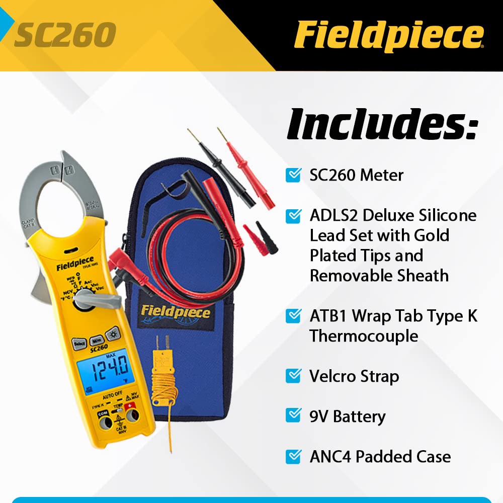 Fieldpiece Compact HVACR Clamp Multimeter SC260 – True RMS Clamp Meter with Temperature, Capacitance  Backlight