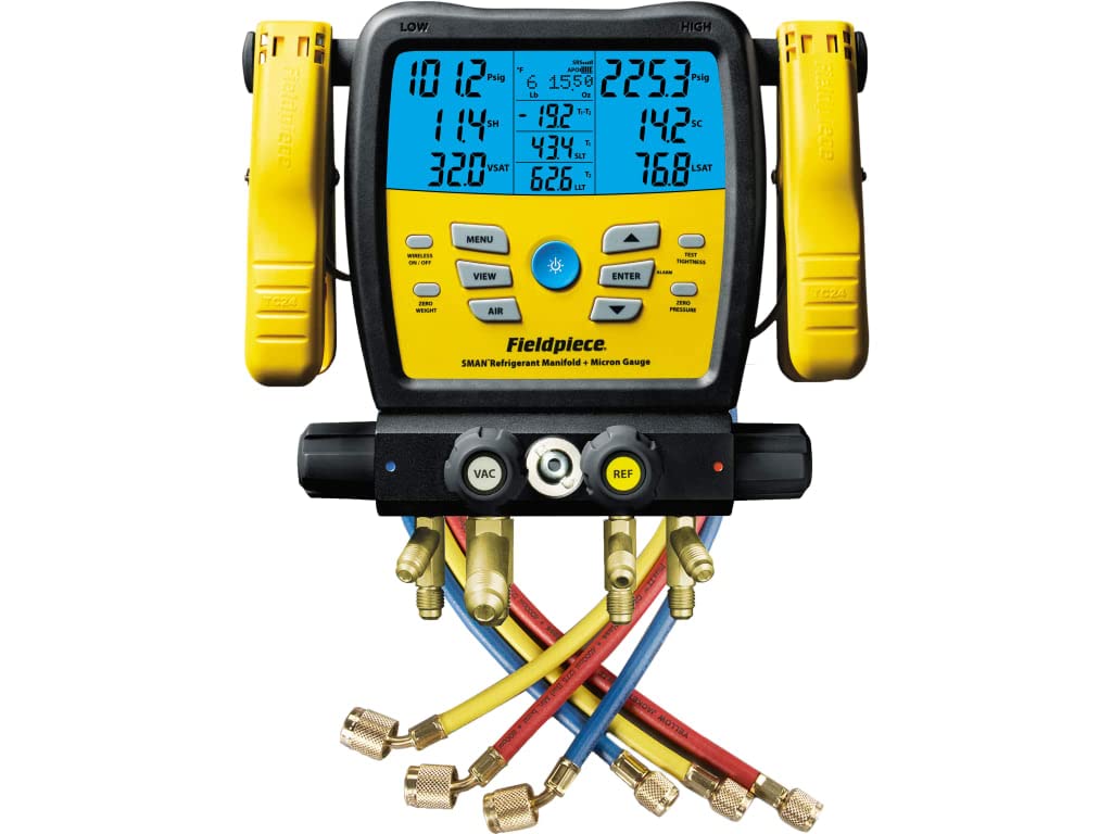 Fieldpiece SM480V - Four Port, Wireless SMAN Manifold with Micron Gauge and Yellow Jacket 22985 Hoses