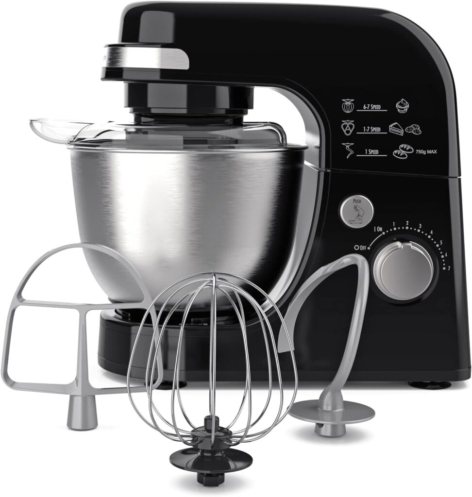 Hamilton Beach Electric Stand Mixer, 4 Quarts, Dough Hook, Flat Beater Attachments, Splash Guard 7 Speeds with Whisk, Black