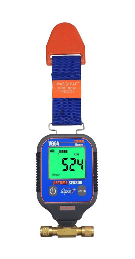 Supco VG64 Vacuum Gauge, Digital Display, 0-12000 microns Range, 10% Accuracy, 1/4 Male Flare Fitting Connection , Grey