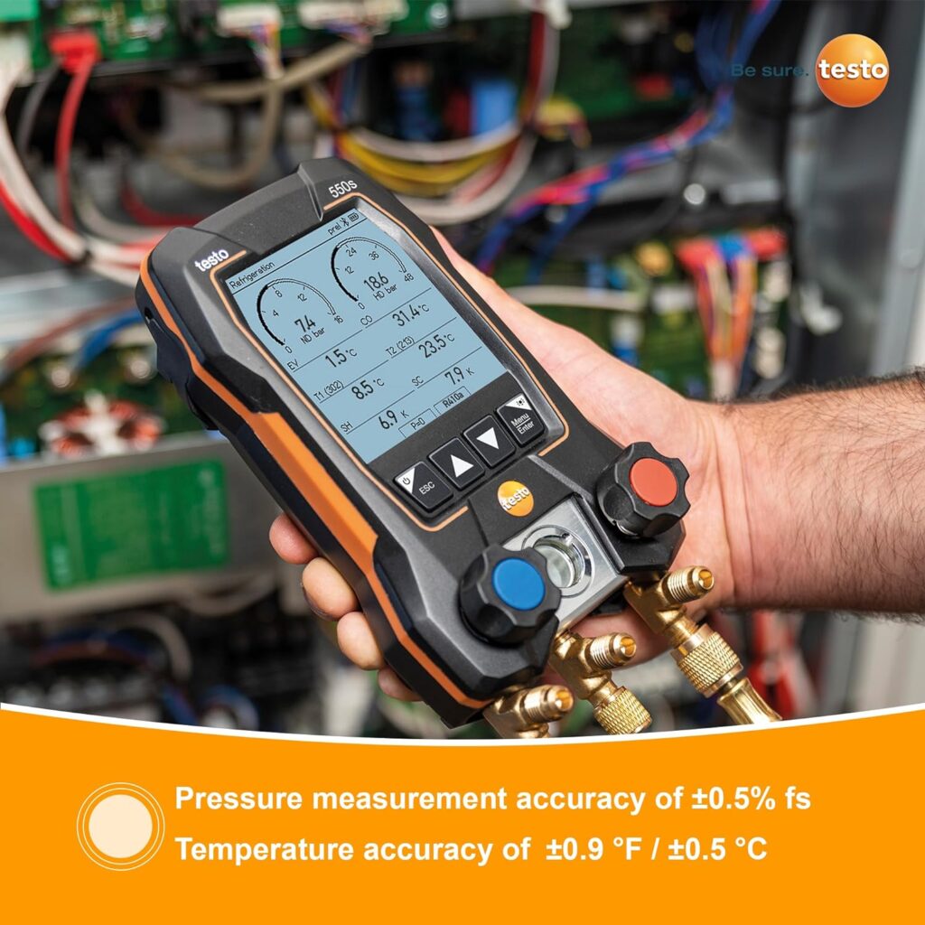 Testo 550s AC Manifold Gauge Set – Manifold Gauges Hvac and Refrigeration – Incl. 2x testo 115i Pipe Clamp Thermometer, 1x testo 552i Micron Gauge, Set of 3 Hoses – AC Gauge Set with Bluetooth: Industrial  Scientific