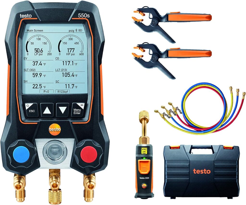 Testo 550s AC Manifold Gauge Set – Manifold Gauges Hvac and Refrigeration – Incl. 2x testo 115i Pipe Clamp Thermometer, 1x testo 552i Micron Gauge, Set of 3 Hoses – AC Gauge Set with Bluetooth: Industrial  Scientific