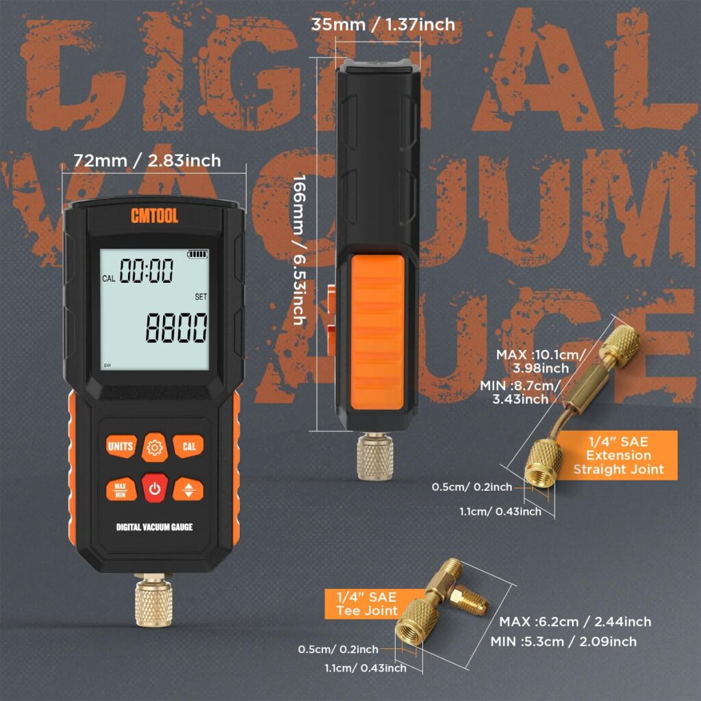 Vacuum Gauge HVAC Digital Micron Gauge HVAC Micron Vacuum Gauge Tester 100KPa/750061Microns Digital Vacuum Gauge Micron Meter Set 13 Units AC Tool Vacuum Test Kit with 1/4 Quick Coupler Access Tee