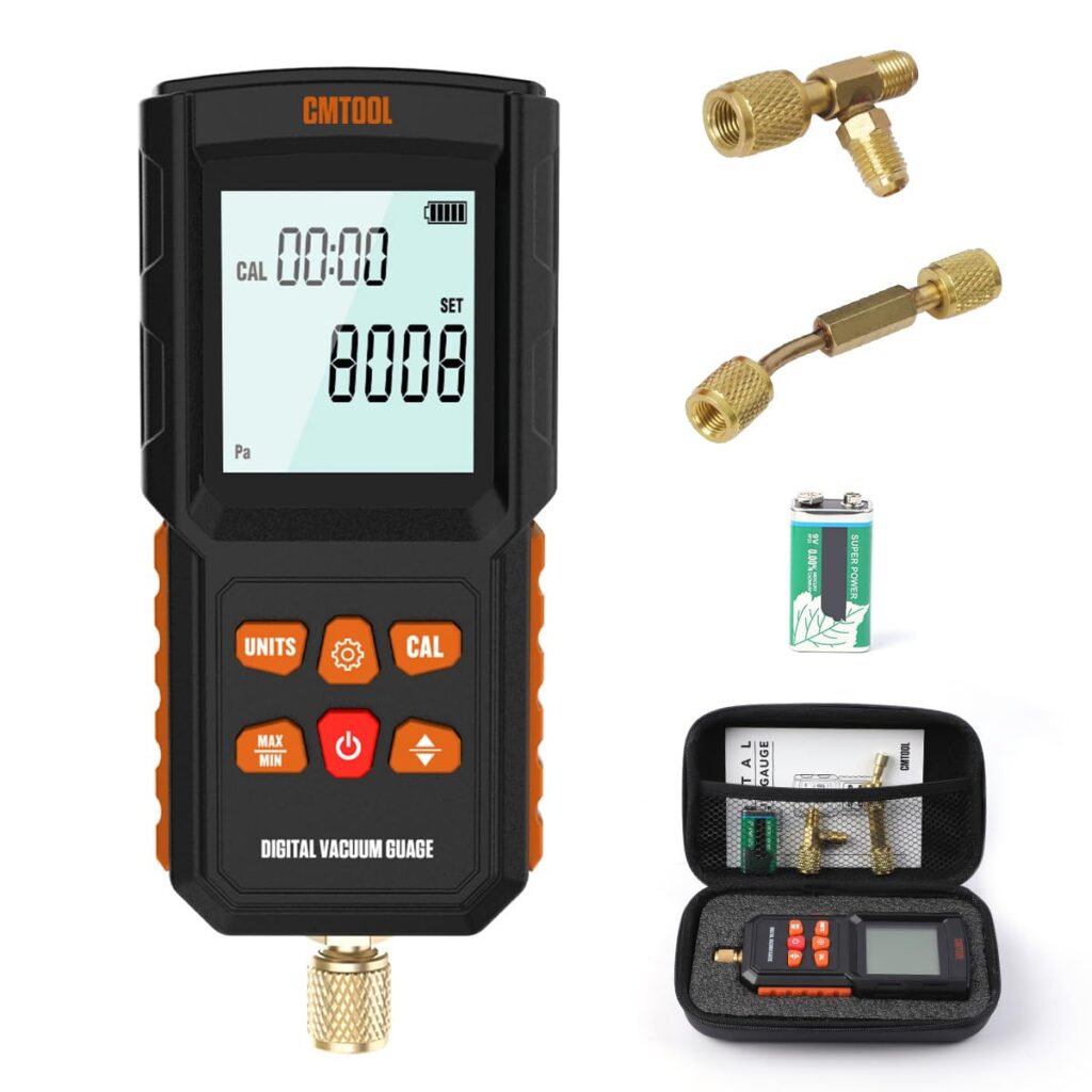 Vacuum Gauge HVAC Digital Micron Gauge HVAC Micron Vacuum Gauge Tester 100KPa/750061Microns Digital Vacuum Gauge Micron Meter Set 13 Units AC Tool Vacuum Test Kit with 1/4 Quick Coupler Access Tee