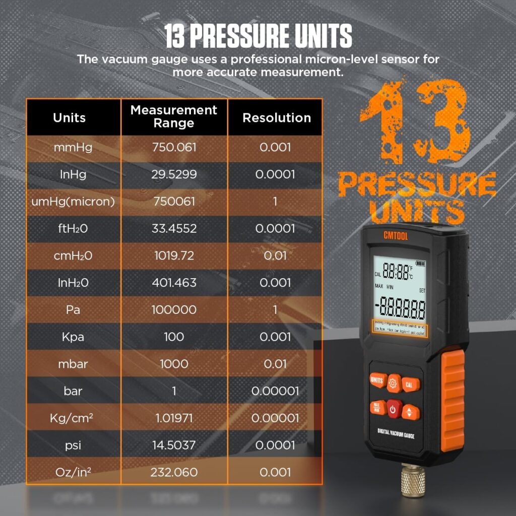 Vacuum Gauge HVAC Digital Micron Gauge HVAC Micron Vacuum Gauge Tester 100KPa/750061Microns Digital Vacuum Gauge Micron Meter Set 13 Units AC Tool Vacuum Test Kit with 1/4 Quick Coupler Access Tee