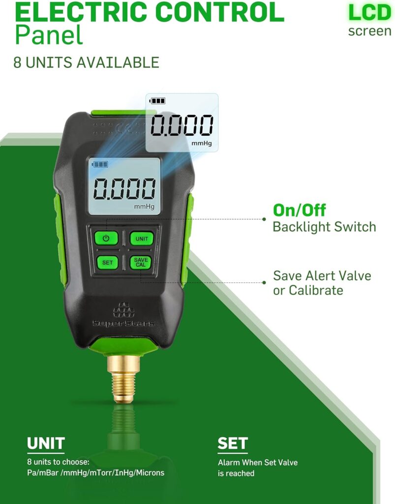 Wisscool Digital Micron Vacuum Gauge 1/4 SAE, Digital Pressure Tester Meter HVAC, Alarm Notice, Temp Compensation, LCD Display, 6 Units : Industrial  Scientific