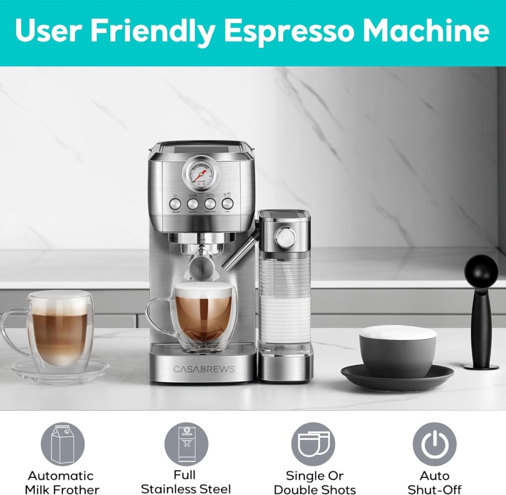 CASABREWS Espresso Machine 20 Bar, Compact Cappuccino Machine with Automatic Milk Frother, Stainless Steel Espresso Maker With 49 oz Removable Water Tank for Cappuccino or Latte, Gift for Coffee Lover