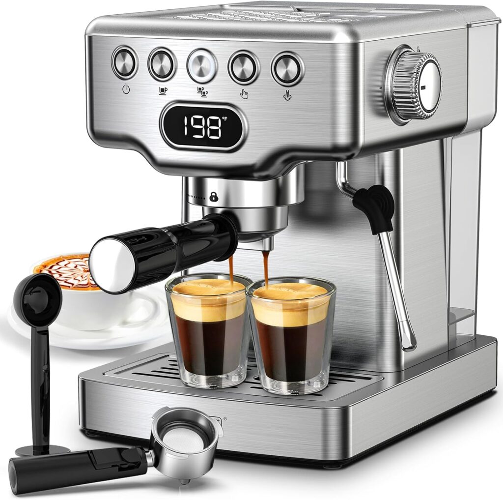 Geek Chef Espresso Machine, 20 Bar Espresso Maker with Milk Frother Steam Wand, Compact Coffee Machine with for Cappuccino,Latte, ESE PODS Filters, Fast Heating, Stainless Steel