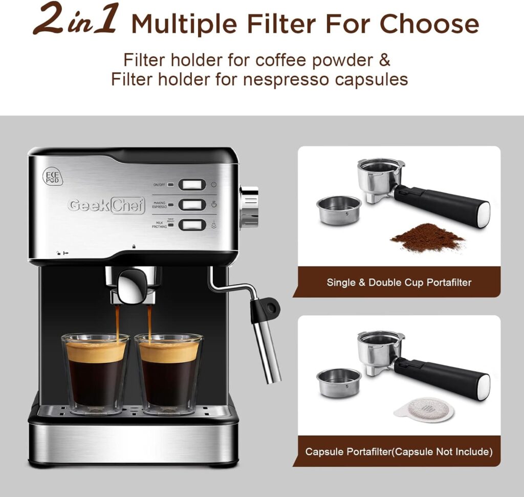 Geek Chef Espresso Machine, 20 Bar Espresso Maker with Milk Frother Steam Wand, Compact Coffee Machine with for Cappuccino,Latte, ESE PODS Filters, Fast Heating, Stainless Steel