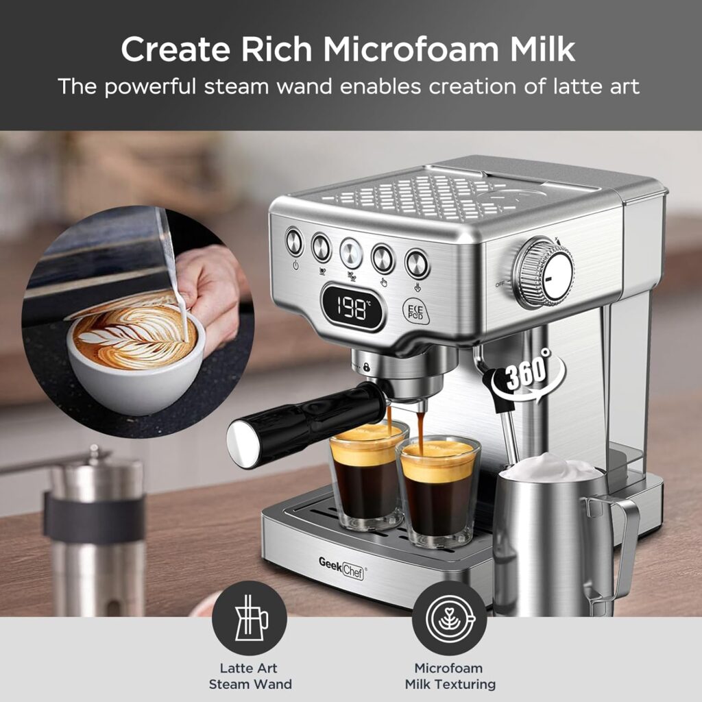 Geek Chef Espresso Machine, 20 Bar Espresso Maker with Milk Frother Steam Wand, Compact Coffee Machine with for Cappuccino,Latte, ESE PODS Filters, Fast Heating, Stainless Steel