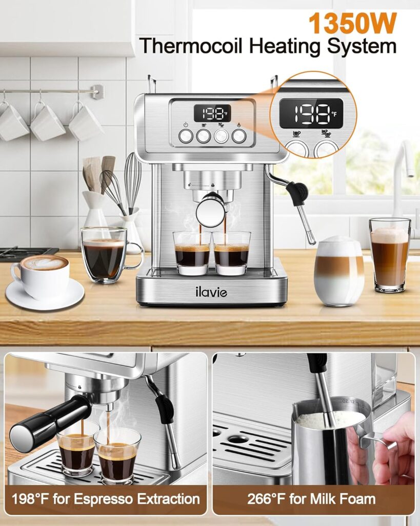 ILAVIE 20 Bar Espresso Machine, Stainless Steel Espresso Coffee Machine for Cappuccino, Latte, Espresso Maker for Home, Automatic Espresso Machine with Milk Steamer, 1.8L Water Tank, 1350W