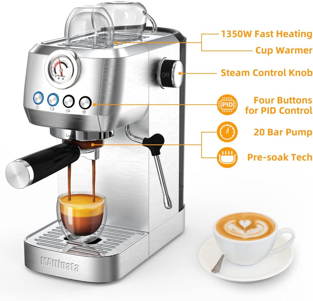 MAttinata Espresso Machine, 20 Bar Professional Espresso Maker Stainless Steel with Milk Frother Steam Wand and Pressure Gauge, for Cappuccino, Latte, Gifts for Mom, Dad, Coffee Lovers