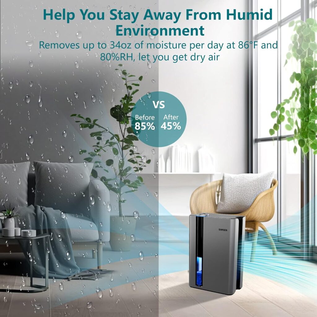 SIMSEN 95oz Dehumidifiers for Home, 800 sq ft Quiet Dehumidifier with Reusable Filter and Ionizer, Small Dehumidifier with Drain Hose, Dehumidifiers for Bedroom Bathroom Basements Closet RV