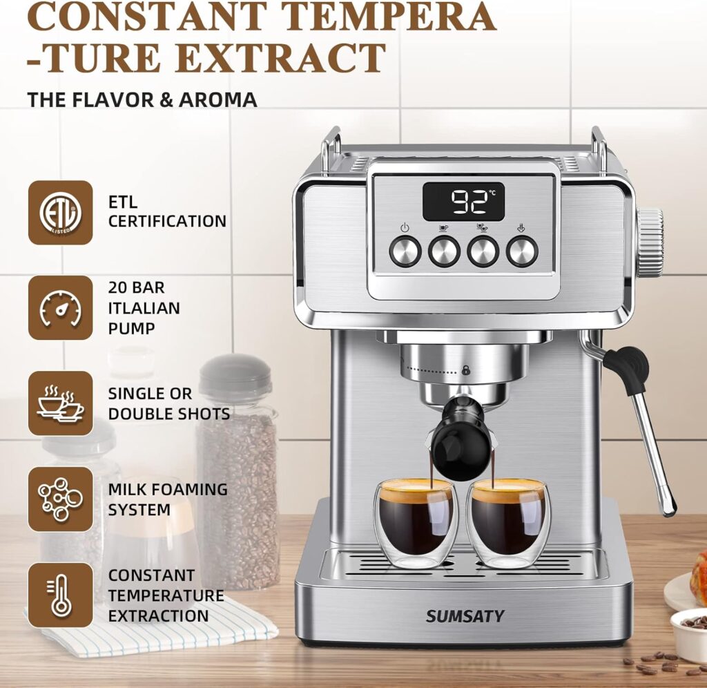 SUMSATY Espresso Machine, Stainless Steel Espresso Machine with Milk Frother for Latte, Cappuccino, Machiato,for Home Espresso Maker, 1.8L Water Tank, 20 Bar