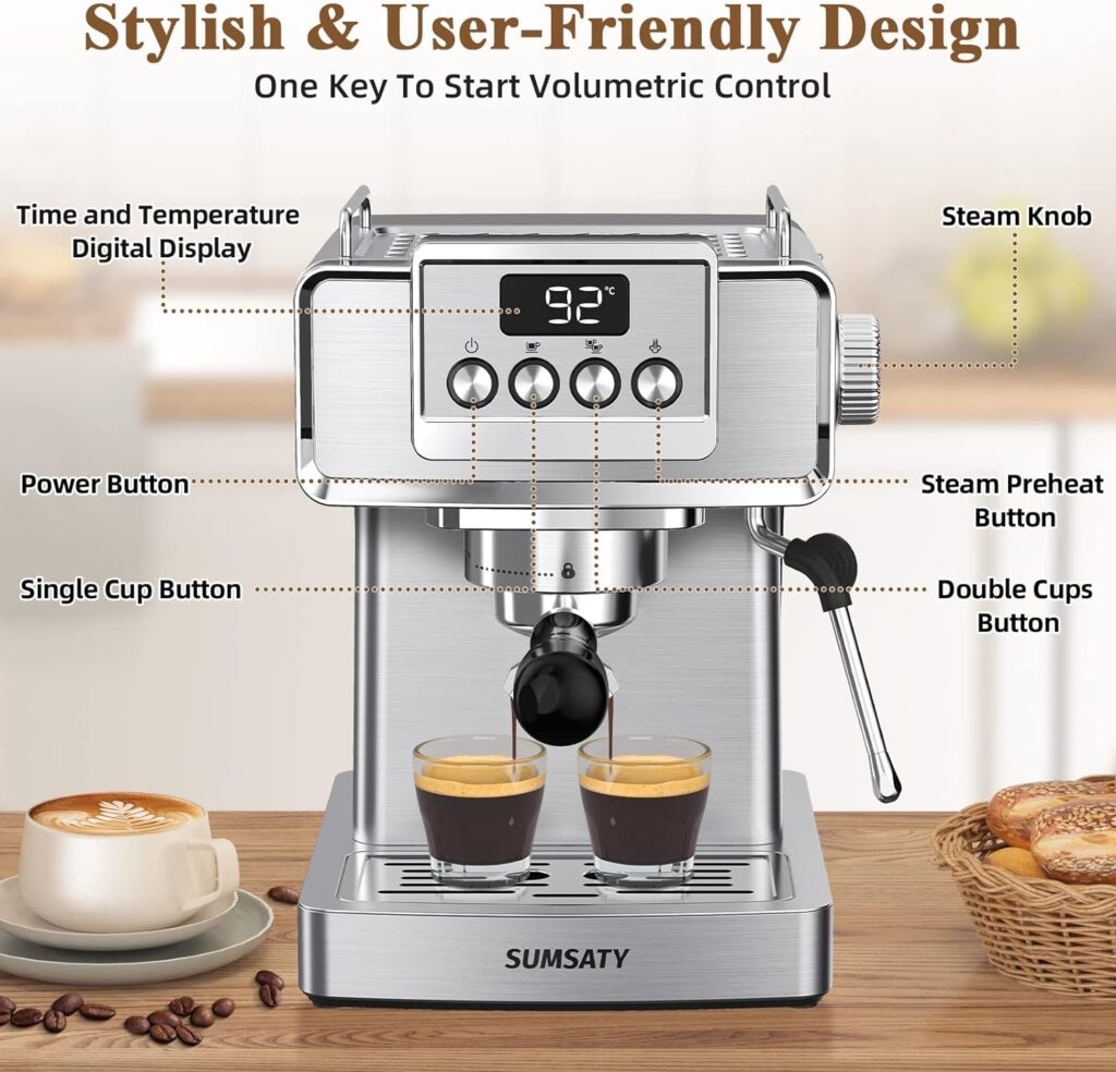 SUMSATY Espresso Machine, Stainless Steel Espresso Machine with Milk Frother for Latte, Cappuccino, Machiato,for Home Espresso Maker, 1.8L Water Tank, 20 Bar