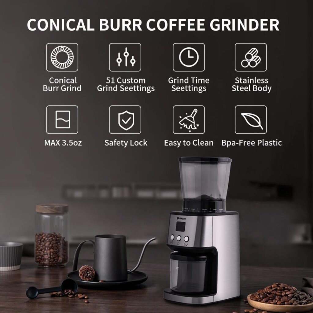 Aligain Stainless Steel Burr Coffee Grinder with 51 Grind Settings，Grind Timer,Electric Coffee Grinder for Espresso/Drip/Pour Over/Cold Brew/French Press Coffee Maker，120W/165W