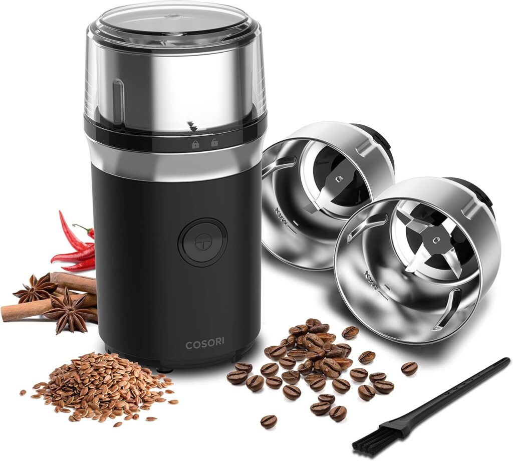 COSORI Electric Coffee Grinders for Spices, Seeds, Herbs, and Coffee Beans, Spice Blender and Espresso Grinder, Wet and Dry Grinder, Included 2 Removable Stainless Steel Bowls, Black