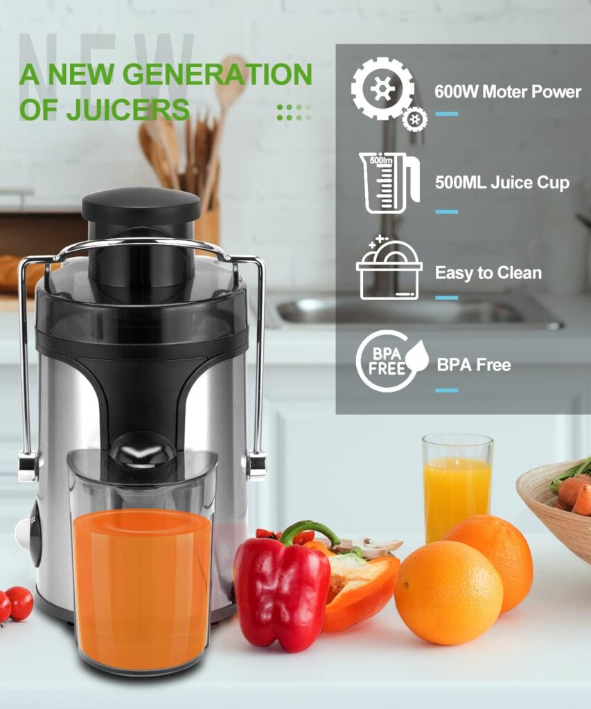 Juicer, 600W Juicer Machine with 3 Inch Wide Mouth for Whole Fruit and Vegetables Centrifugal Juicer Easy to Clean, Dishwasher Safe BPA-Free, Non-Drip Function Cleaning Brush Included